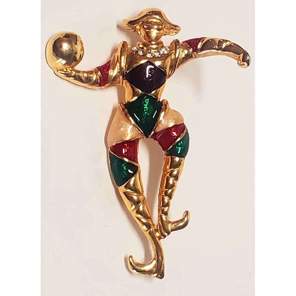 VTG Jester Brooch Harlequin Carry Ball Pointed Shoe Gold/Purple/Red/Green Enamel